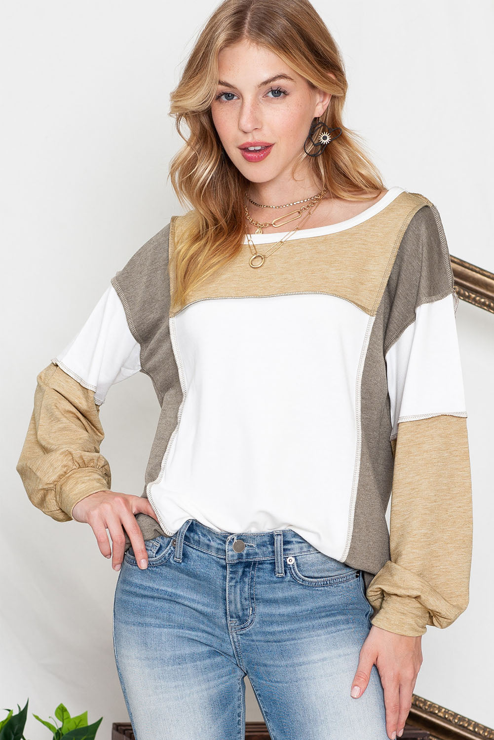 Khaki Color Block Exposed Seam Long Sleeve Top - The Fair Lady Shop