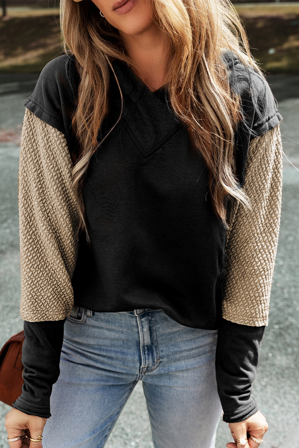 Black Textured Splicing Sleeve Raw Hem Hoodie - The Fair Lady Shop