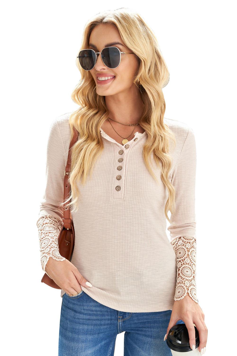 Beige Ribbed Lace Crochet Long Sleeve Henley Shirt for Women - The Fair Lady Shop