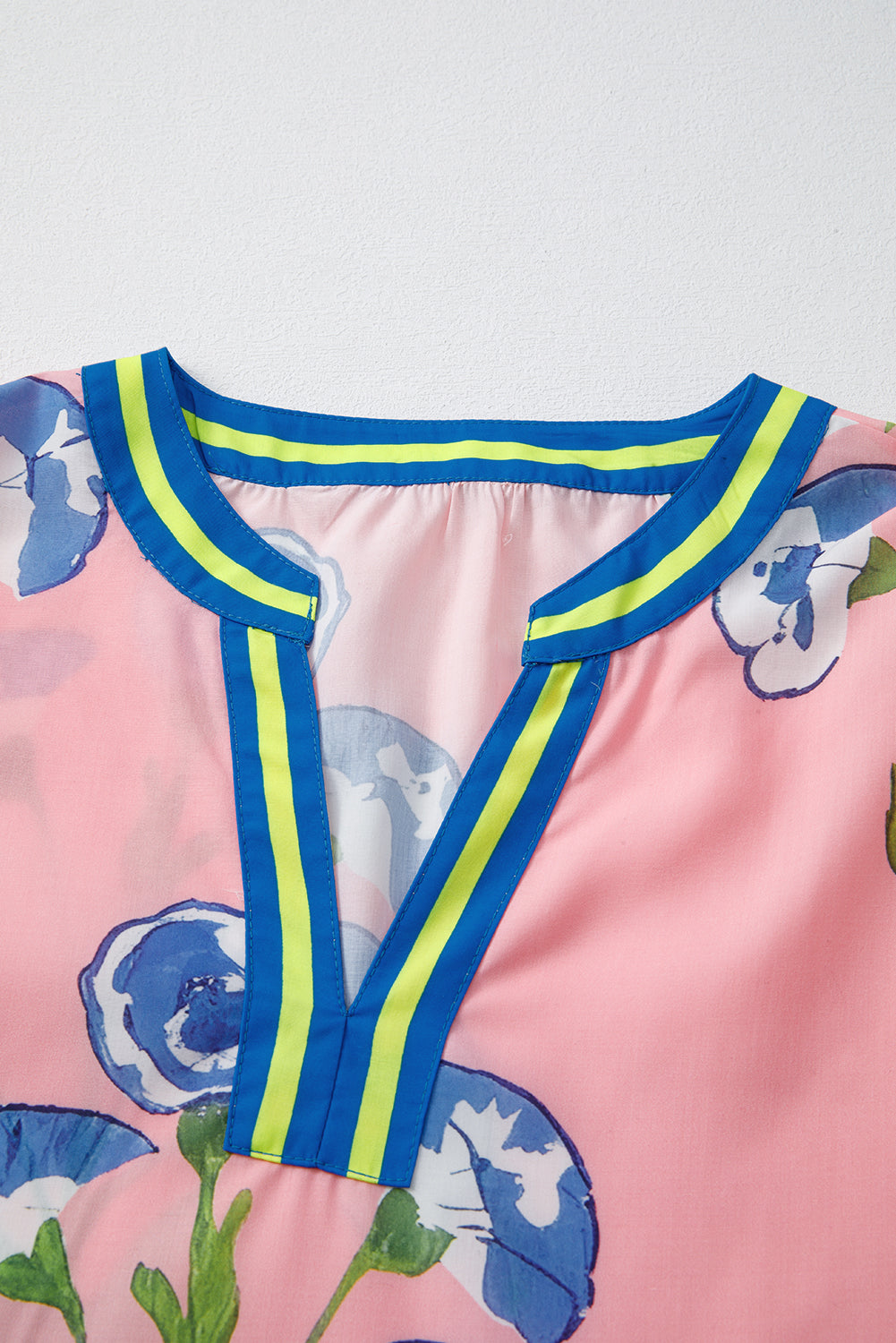 Pink Puff Sleeve Floral Pop of Color Neckline Blouse - The Fair Lady Shop