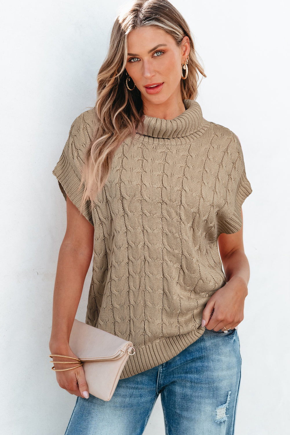 Light Beige Turtleneck Short Dolman Sleeve Cable Knit Sweater - The Fair Lady Shop