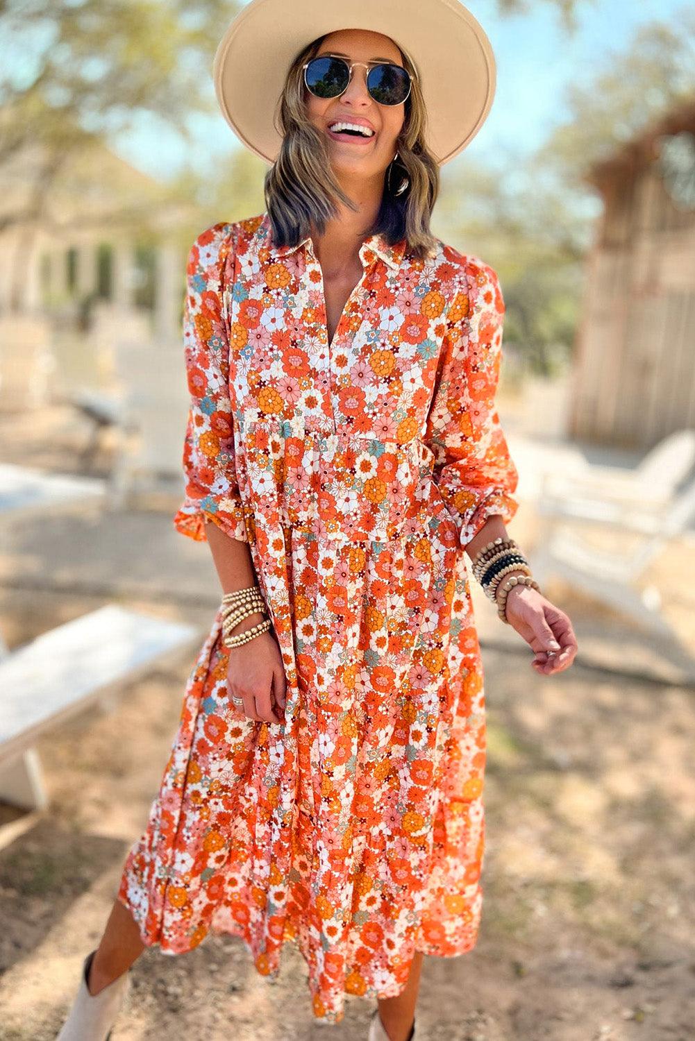 Multicolor Boho Floral Collared Long Sleeve Dress - The Fair Lady Shop