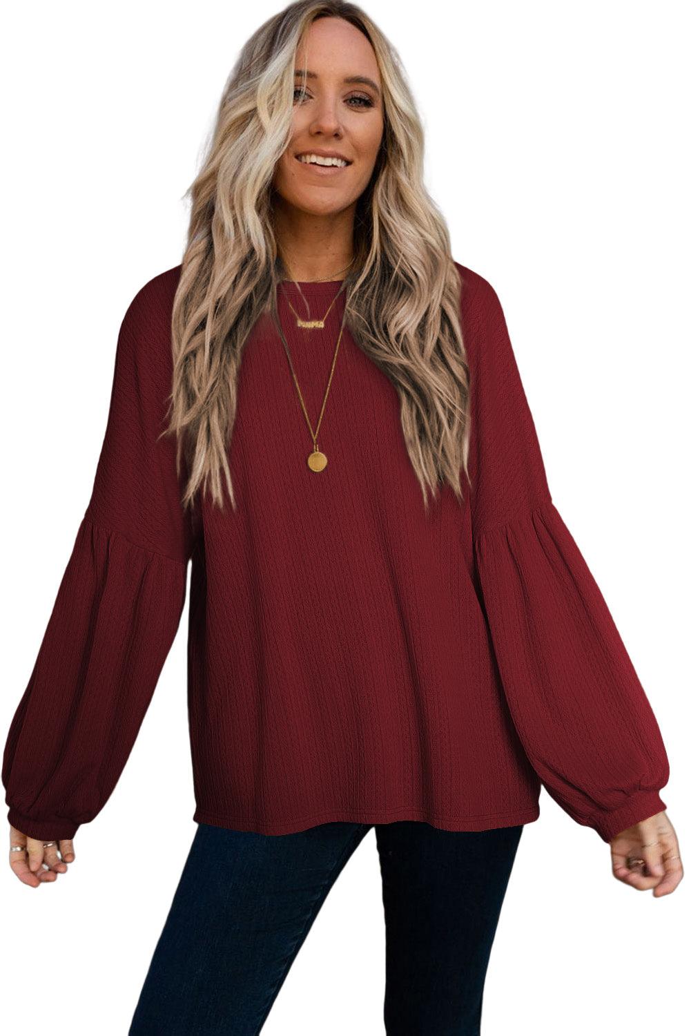 Ruby Solid Color Textured Lantern Sleeve Top - The Fair Lady Shop