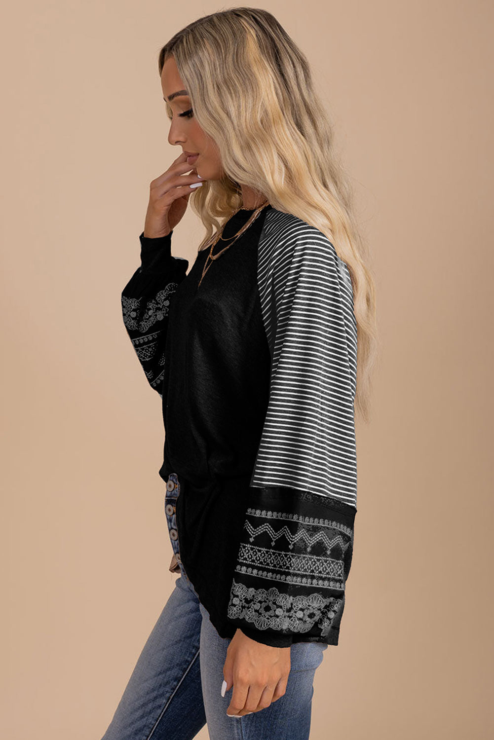 Black Contrast Print Striped Raglan Long Sleeve Loose Top