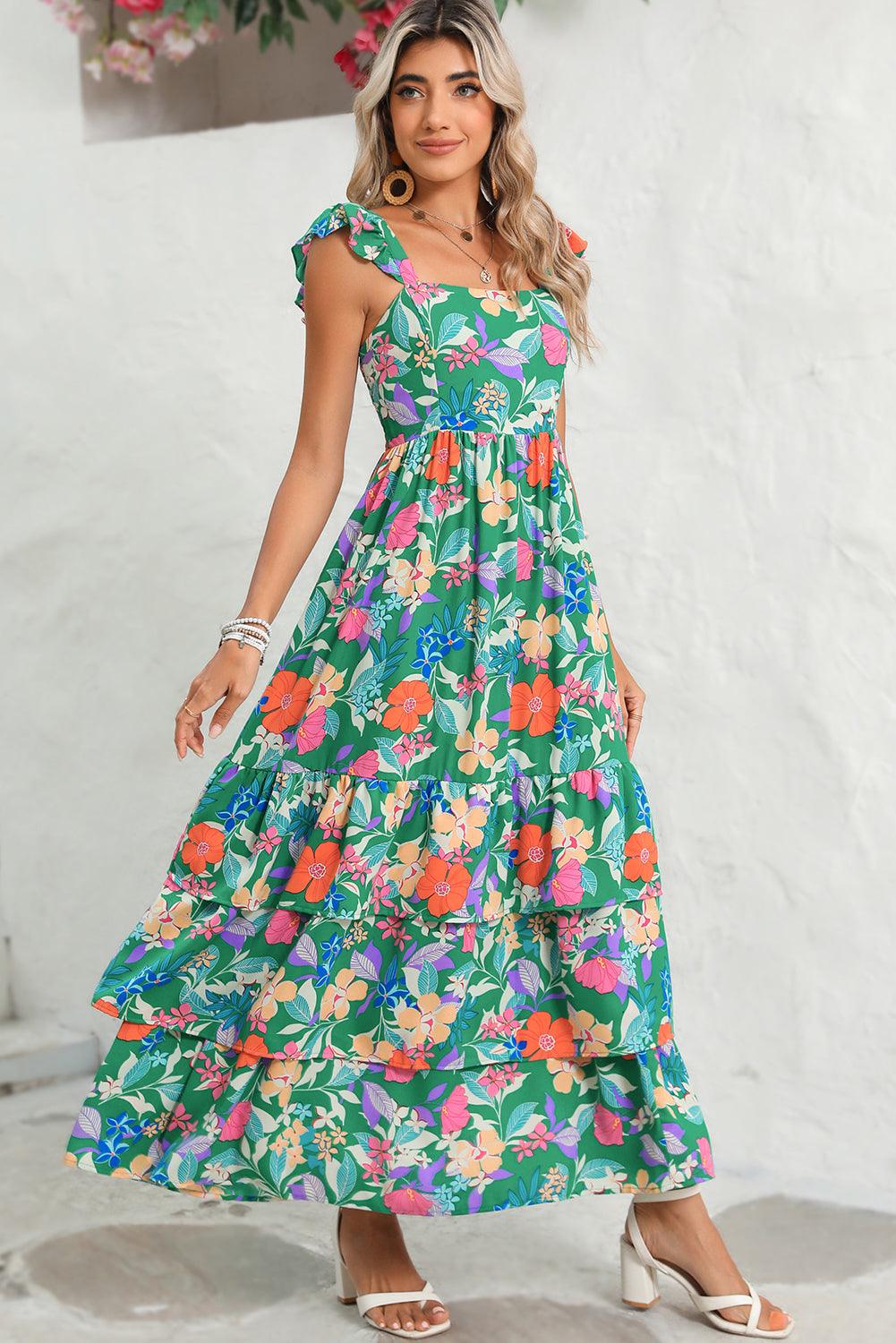Pink Floral Print Sleeveless Ruffle Tiered Maxi Dress - The Fair Lady Shop