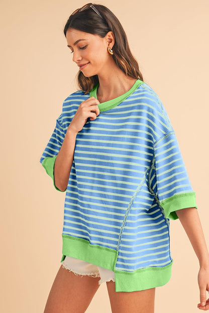 Pink Stripe Colorblock Drop Sleeve Oversized T Shirt - The Fair Lady Shop