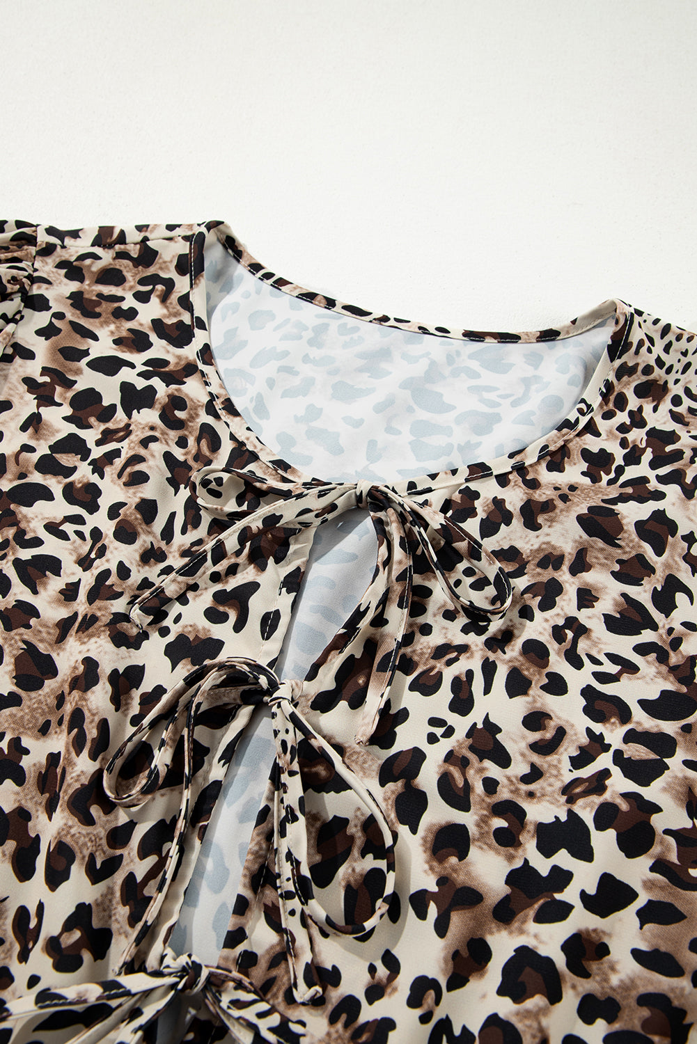 Khaki Leopard Print 3/4 Sleeve Lace-up Ruffle Plus Size Blouse - The Fair Lady Shop