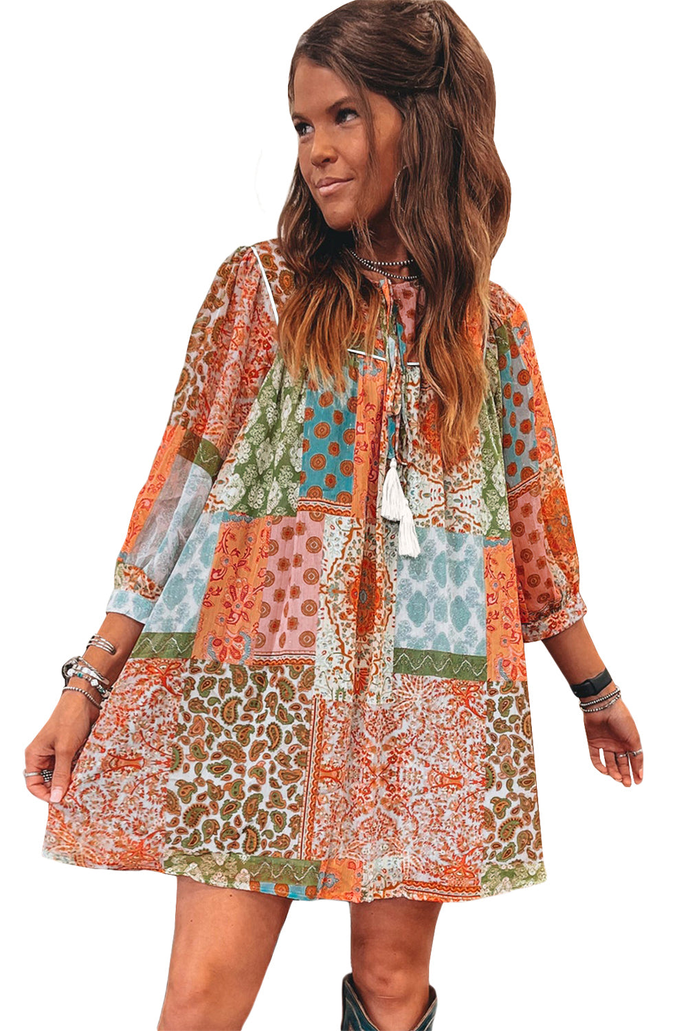 Orange Boho Paisley Mixed Print 3/4 Sleeve Chiffon Loose Dress - The Fair Lady Shop
