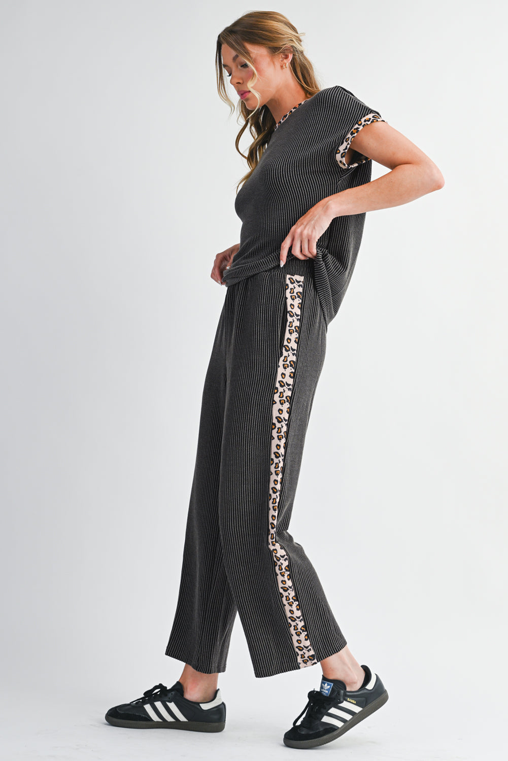 Carbon Grey Leopard Patchwork Trim Twisted Rib T Shirt and Cropped Pants Set