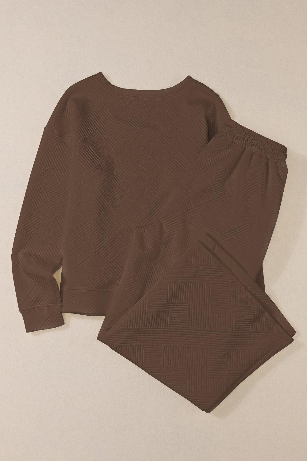Dark Brown Textured Loose Slouchy Long Sleeve Top and Pants Set - The Fair Lady Shop