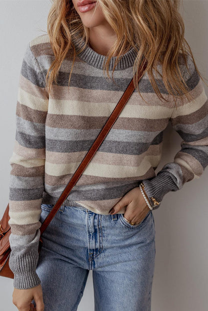 Gray Striped Ribbed Edge Round Neck Sweater - The Fair Lady Shop