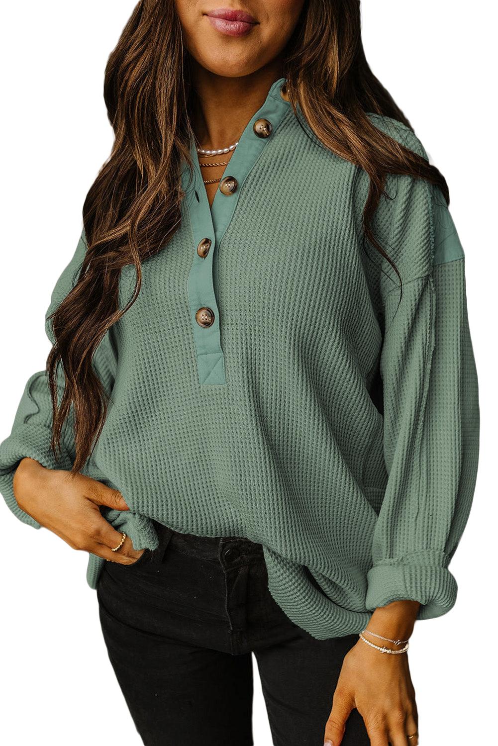 Jet Stream Waffle Patchwork Long Sleeve Henley Top - The Fair Lady Shop