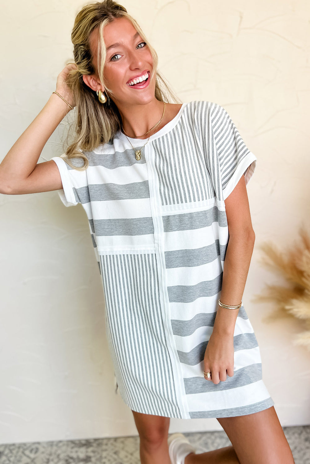 Gray Stripe Mixed Printed Short Sleeve Shift Mini T Shirt Dress - The Fair Lady Shop