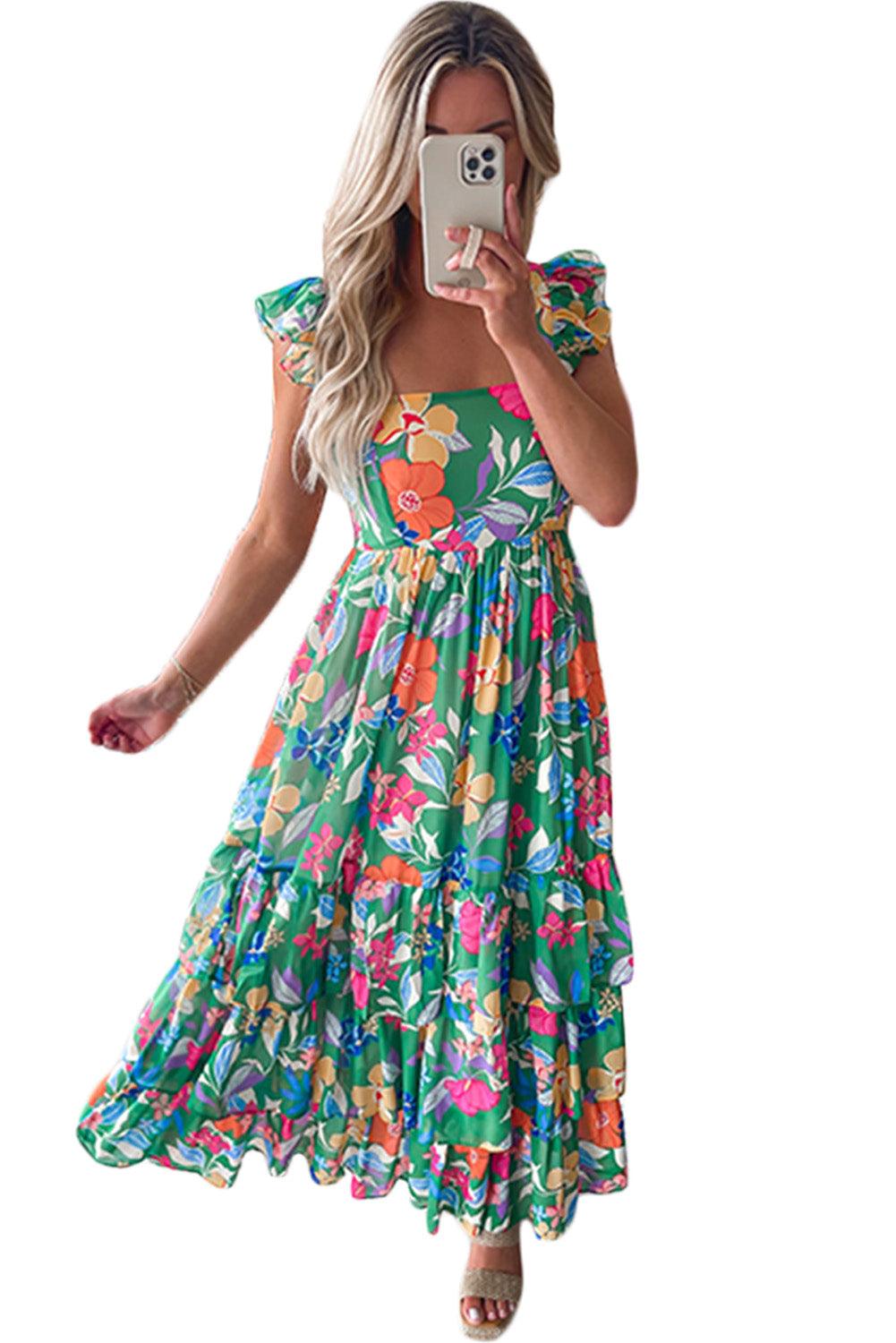 Pink Floral Print Sleeveless Ruffle Tiered Maxi Dress - The Fair Lady Shop