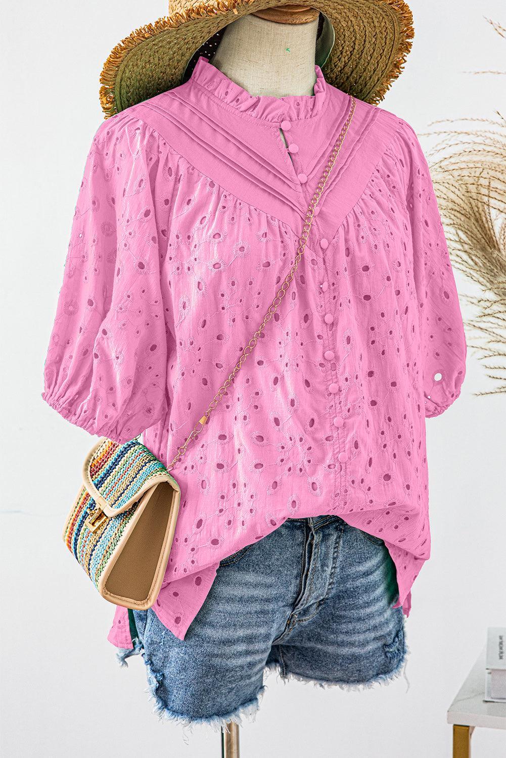 Bonbon Hollow-out Flower Embroidered Short Puff Sleeve Blouse - The Fair Lady Shop