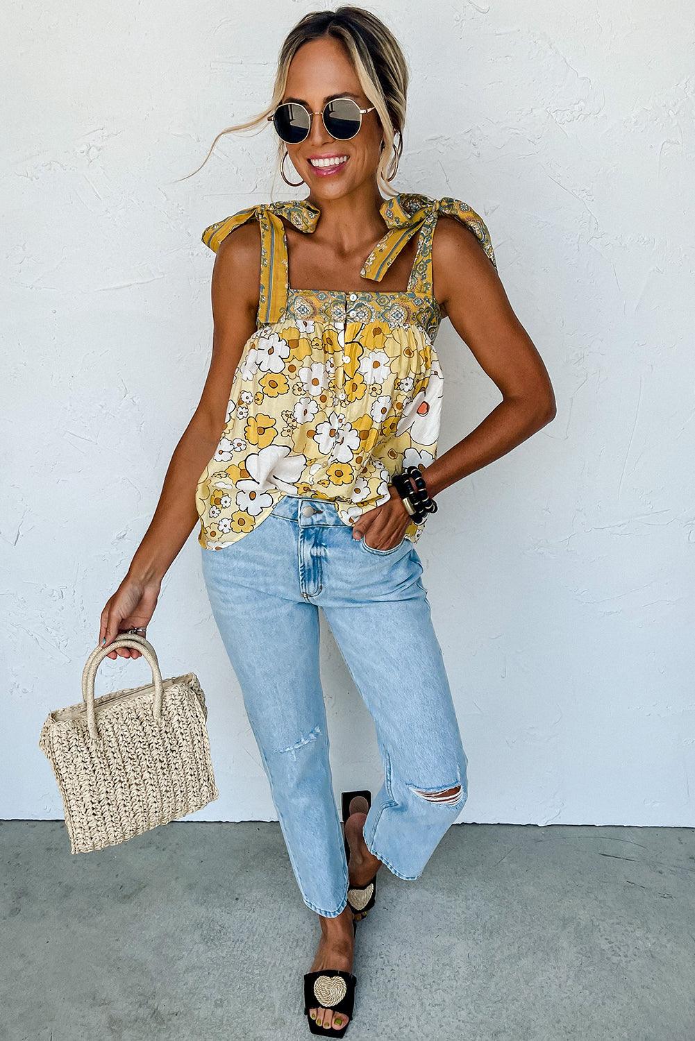 Yellow Floral Patchwork Boho Knot Straps Top - The Fair Lady Shop