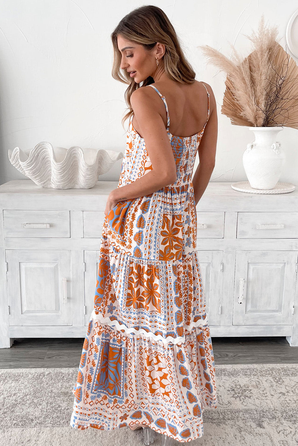 Orange Floral Print Ricrac Trim Spaghetti Straps Maxi Dress - The Fair Lady Shop