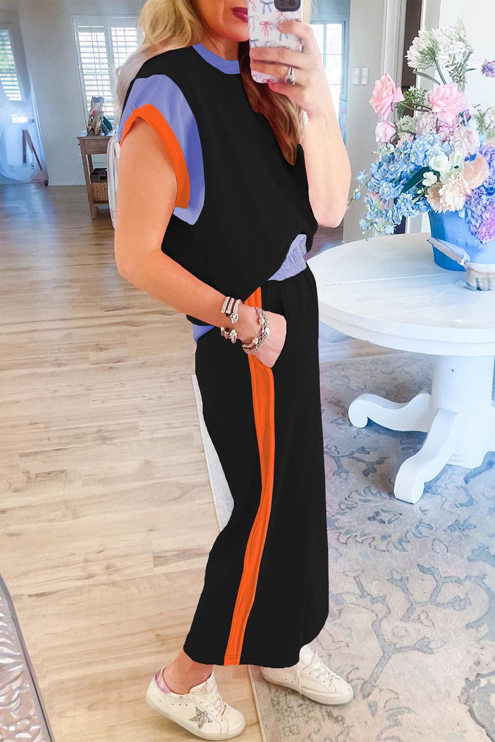 Chestnut Colorblock Cap Sleeve Tee and Wide Leg Pants Set - The Fair Lady Shop