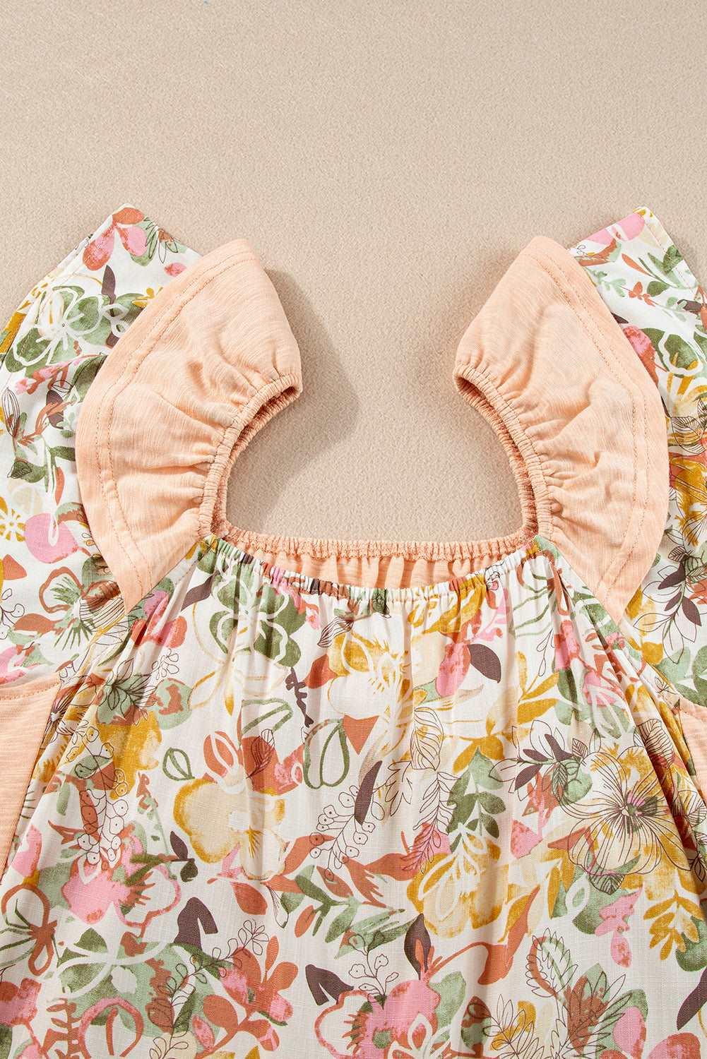 Apricot Pink Floral Print Square Neck Ruffle Sleeve Blouse - The Fair Lady Shop