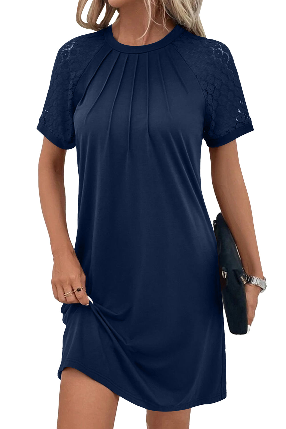 Navy Blue Contrast Lace Raglan Sleeve Pleated Mini Dress - The Fair Lady Shop