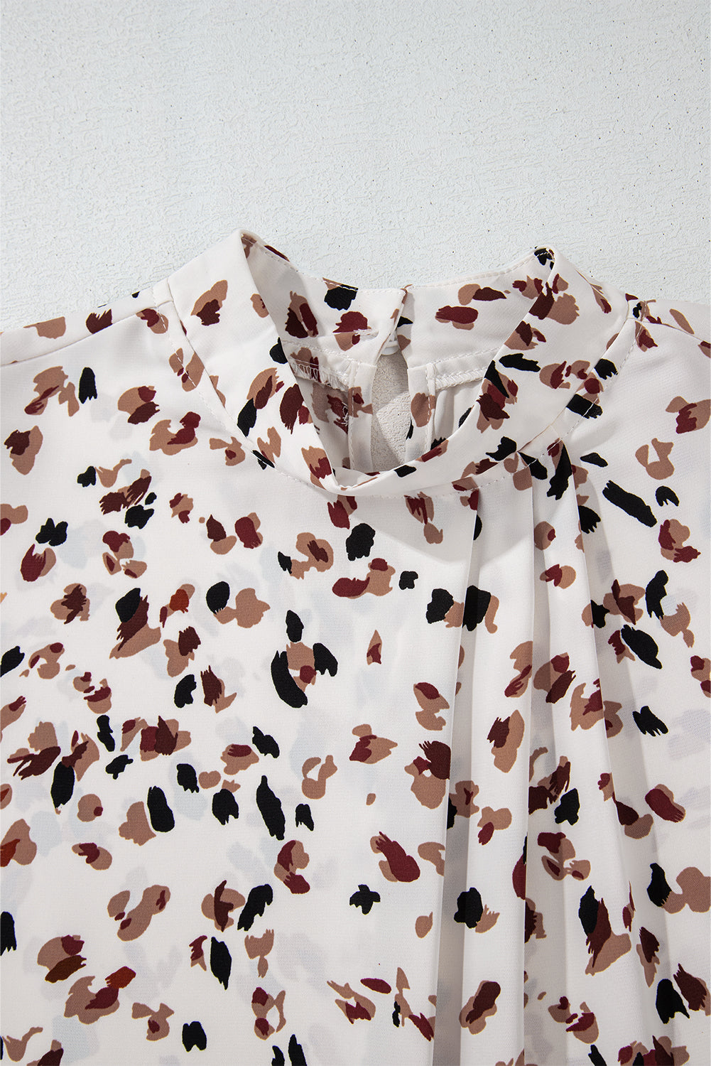White Leopard Print Puff Sleeve Mock Neck Pleated Blouse - The Fair Lady Shop