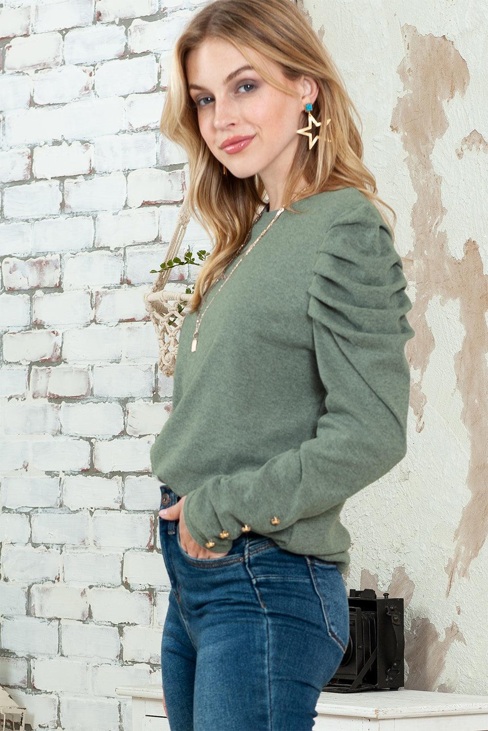 Khaki Plain Buttoned Puff Long Sleeve Sheath Top - The Fair Lady Shop