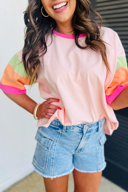 Pink Color Block Sleeve Round Neck Oversize Top - The Fair Lady Shop