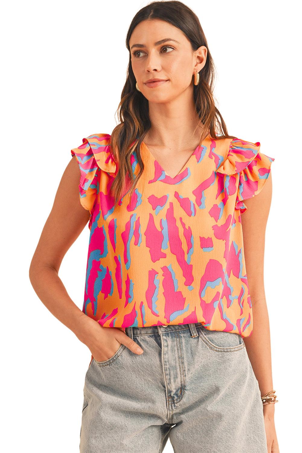 Orange Abstract Print V Neck Ruffled Sleeve Blouse - The Fair Lady Shop