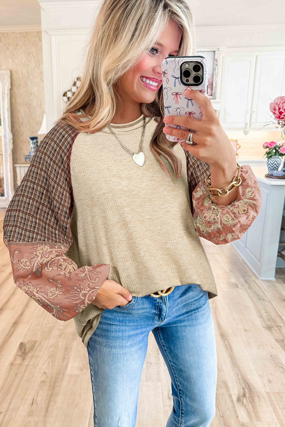 Jet Stream Floral Plaid Mixed Print Patchwork Raglan Ribbed Top - The Fair Lady Shop