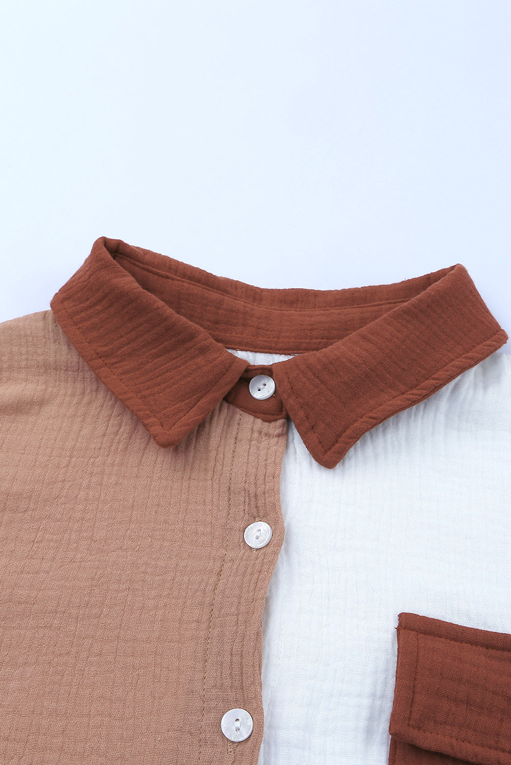 Brown Color Block Pockets Textured Long Sleeve Shacket - The Fair Lady Shop