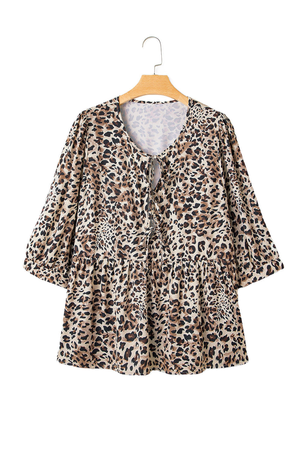 Khaki Leopard Print 3/4 Sleeve Lace-up Ruffle Plus Size Blouse - The Fair Lady Shop
