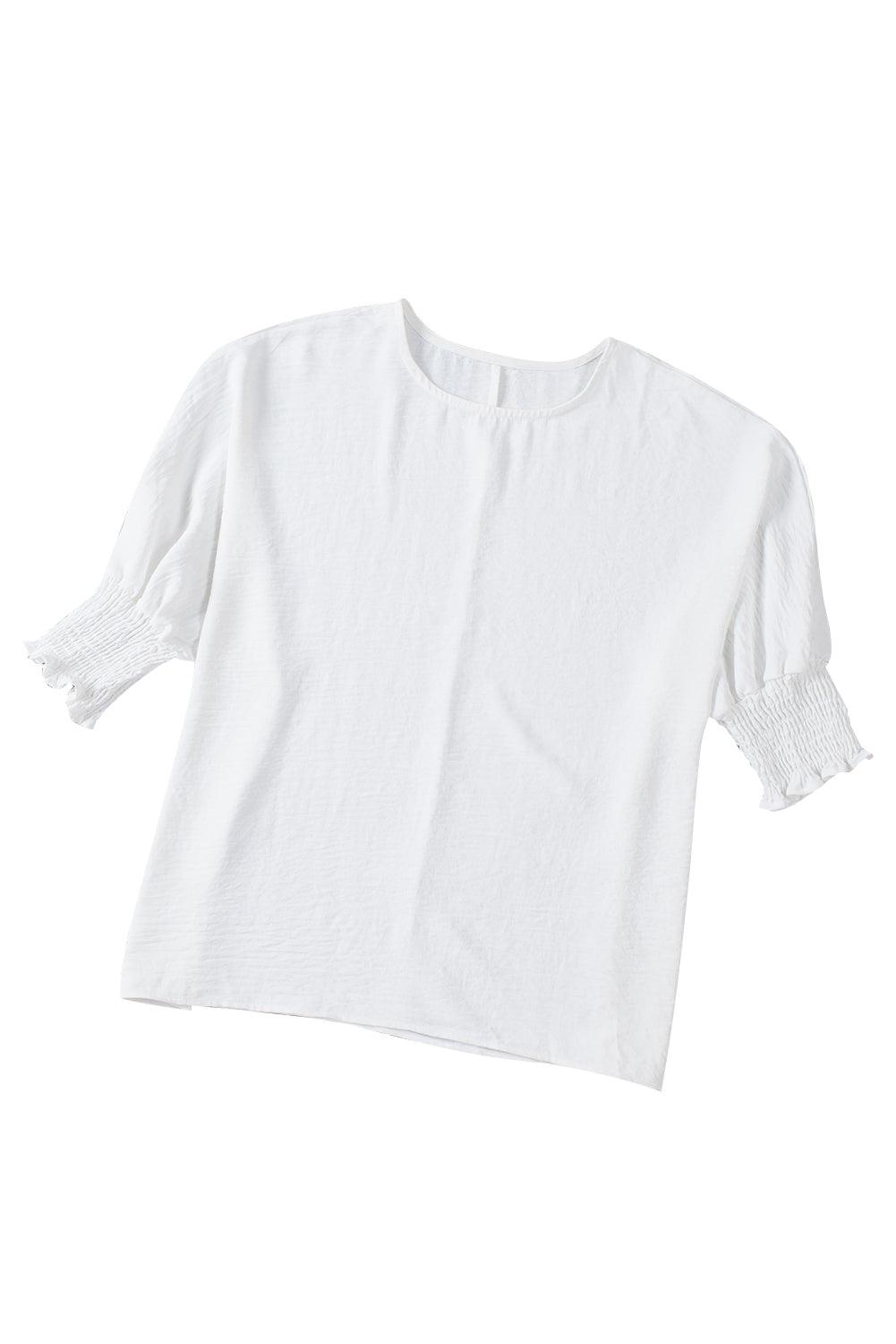 White Plain & Casual Shirred Cuffs Half Sleeve Top - The Fair Lady Shop