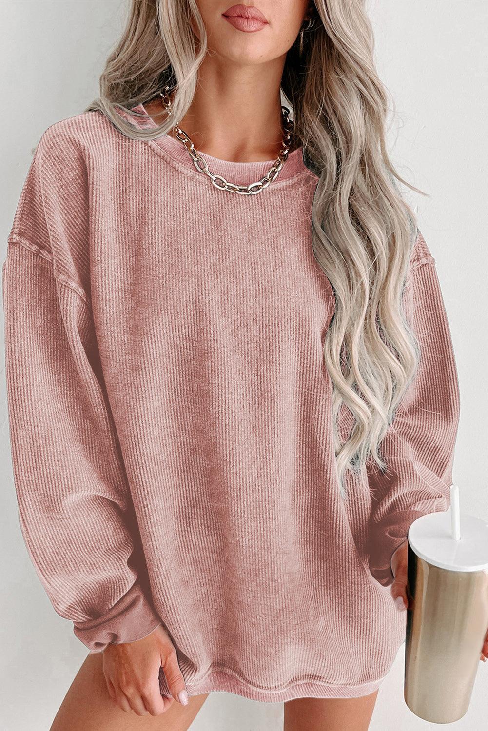 Khaki Solid Ribbed Round Neck Pullover Sweatshirt - The Fair Lady Shop