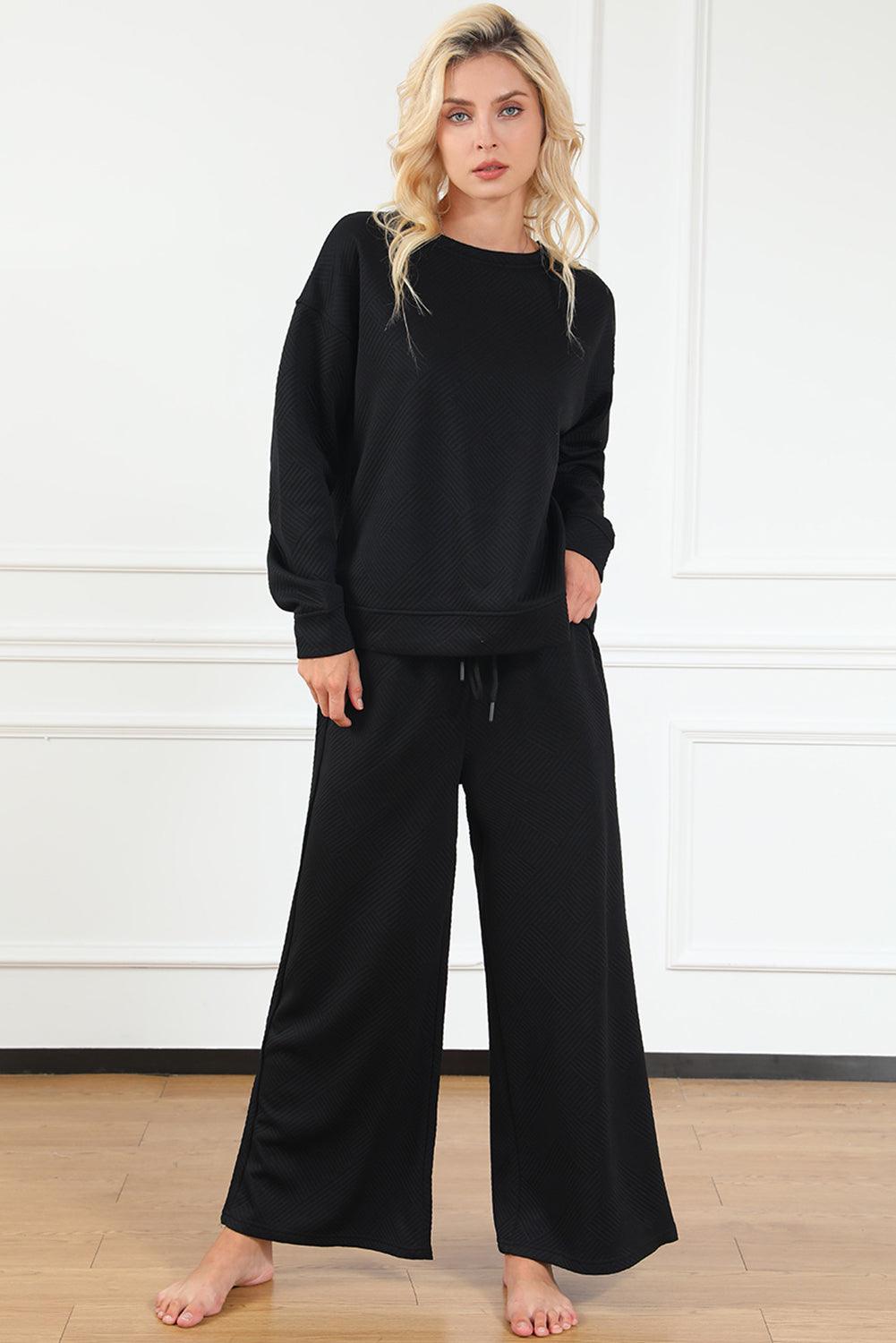 Dark Brown Textured Loose Slouchy Long Sleeve Top and Pants Set - The Fair Lady Shop