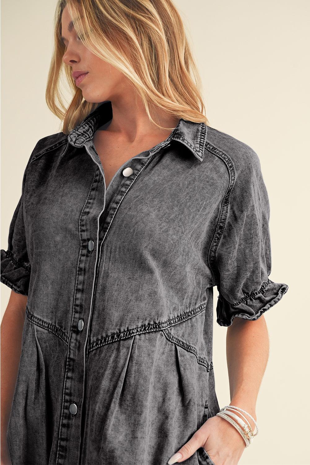Blue Mineral Washed Ruffled Short Sleeve Pocketed Denim Dress - The Fair Lady Shop