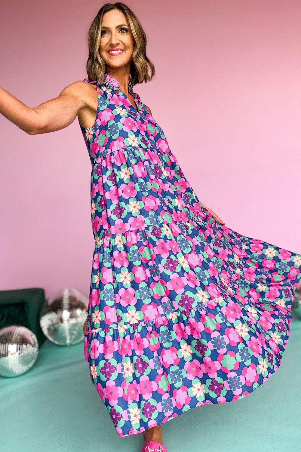 Sky Blue 60s Flower Split Neck Sleeveless Tiered Maxi Dress - The Fair Lady Shop