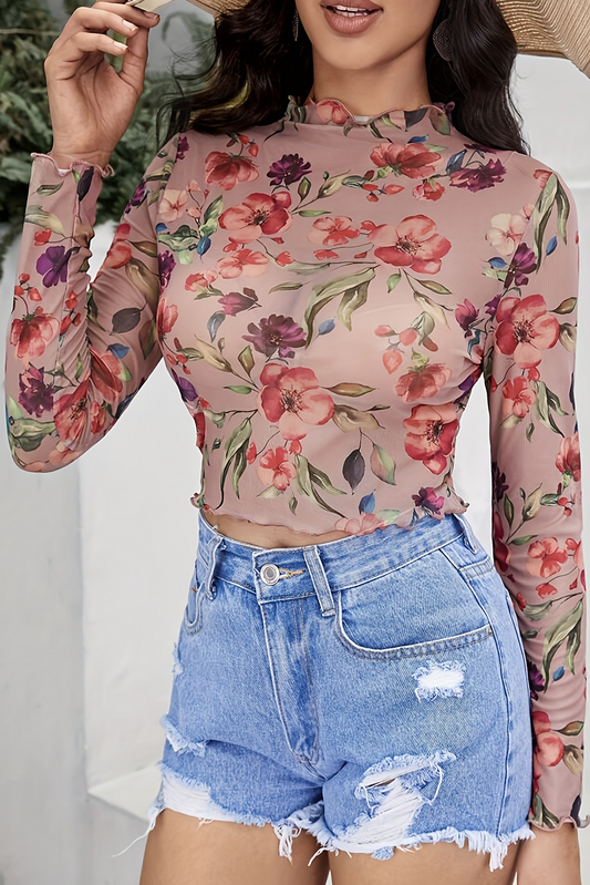 Red Mesh Floral Long SLeeve Stand Neck Cropped Top