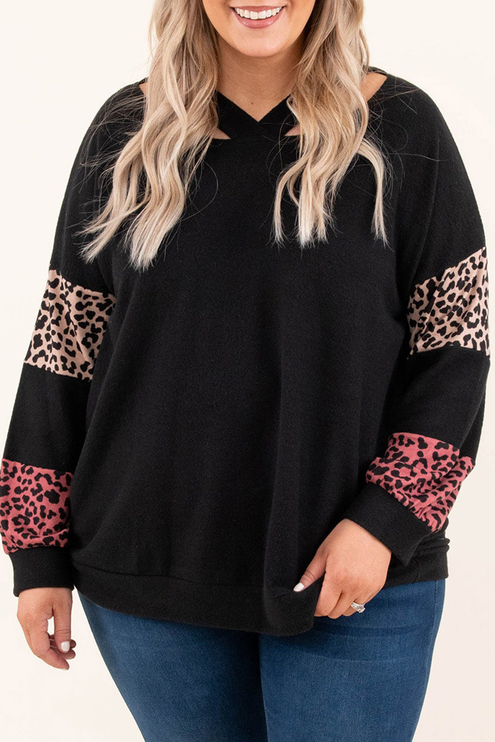 Black Plus Size Leopard Patchwork Strappy Neck Top - The Fair Lady Shop