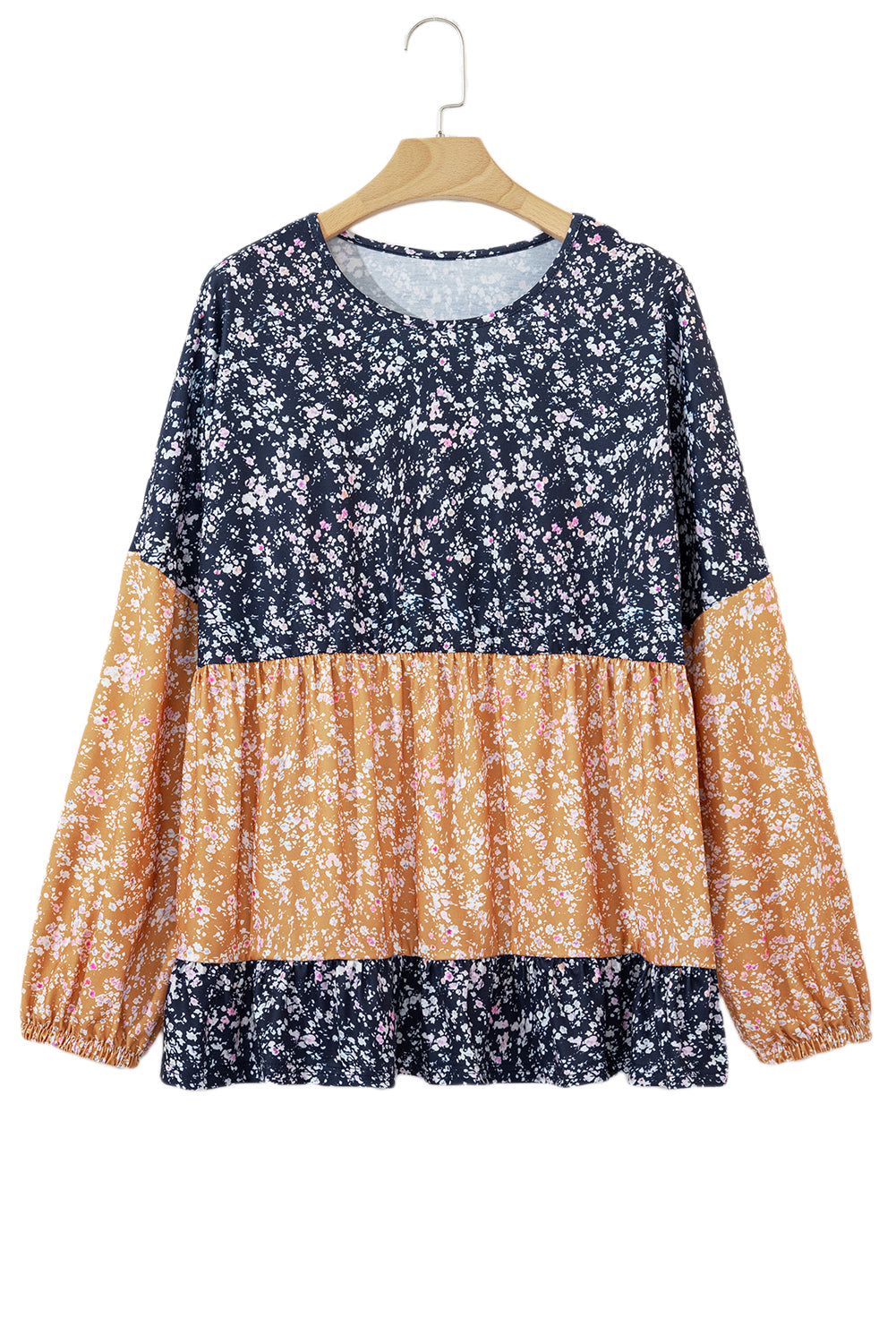 Blue Ditsy Floral Color Block Ruffle Hem Long Sleeve Top - The Fair Lady Shop
