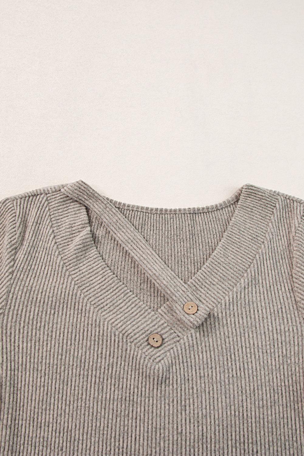 Pale Khaki Button Strappy V Neck Plain Ribbed Tee - The Fair Lady Shop