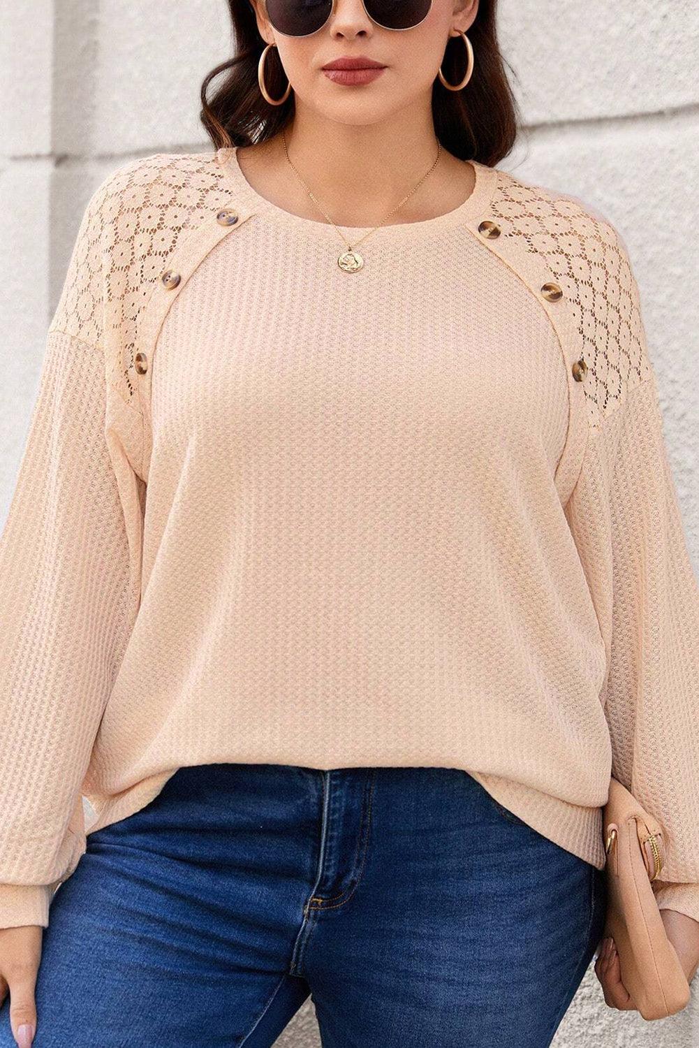 Beige Plus Size Lace Patchwork Buttons Waffle Knit Top - The Fair Lady Shop