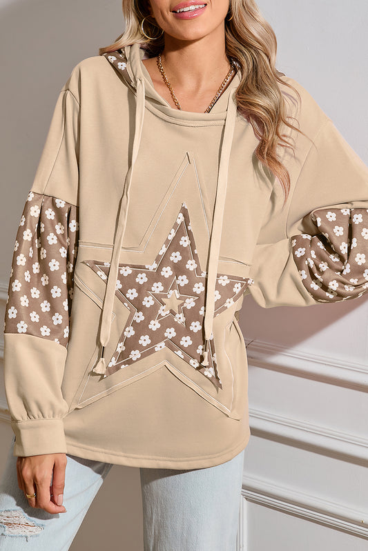 Apricot Floral Patchwork Star Pattern Drawstring Hoodie - The Fair Lady Shop