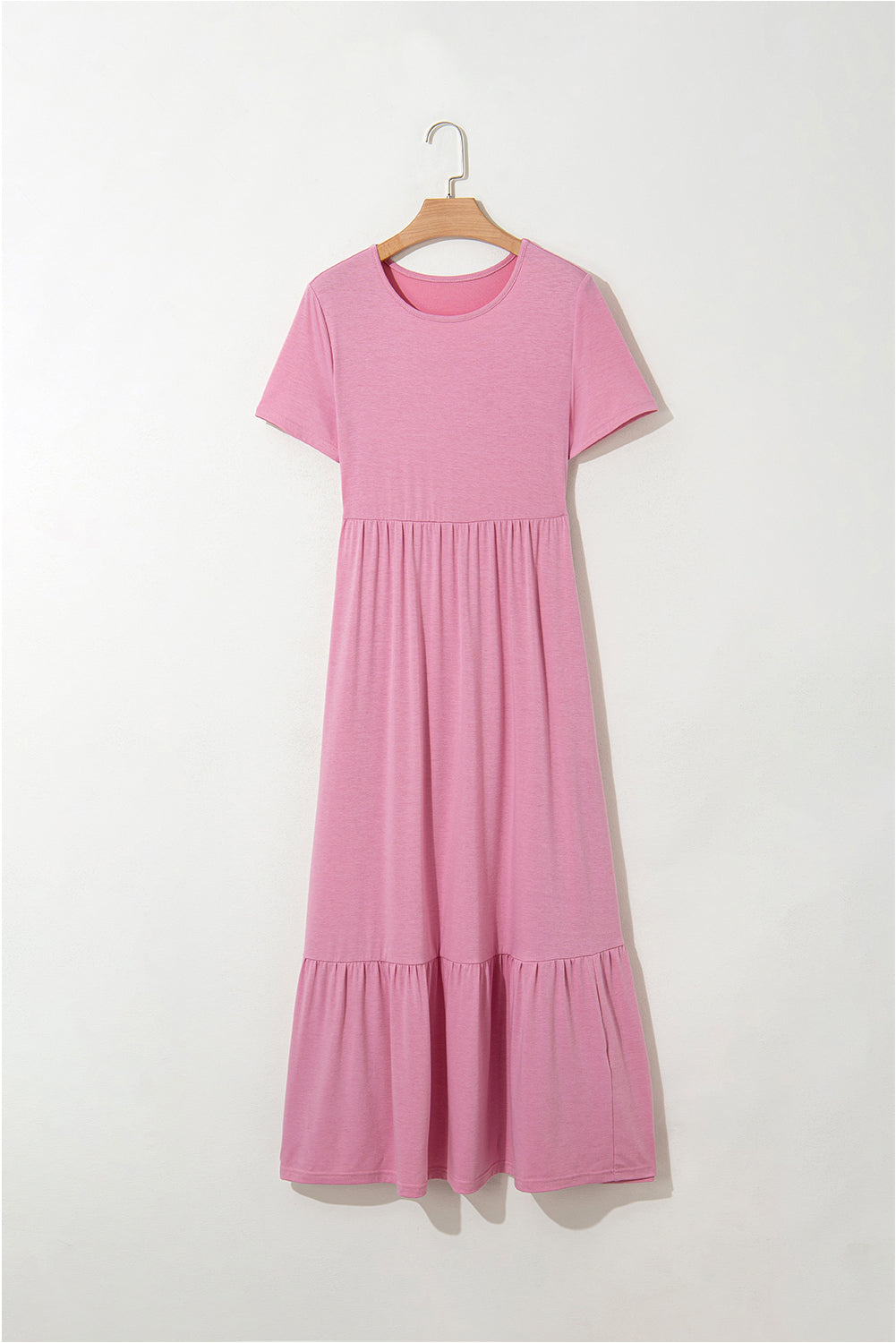 Pink Solid Color Short Sleeve High Waist Pocketed Midi Dress - The Fair Lady Shop