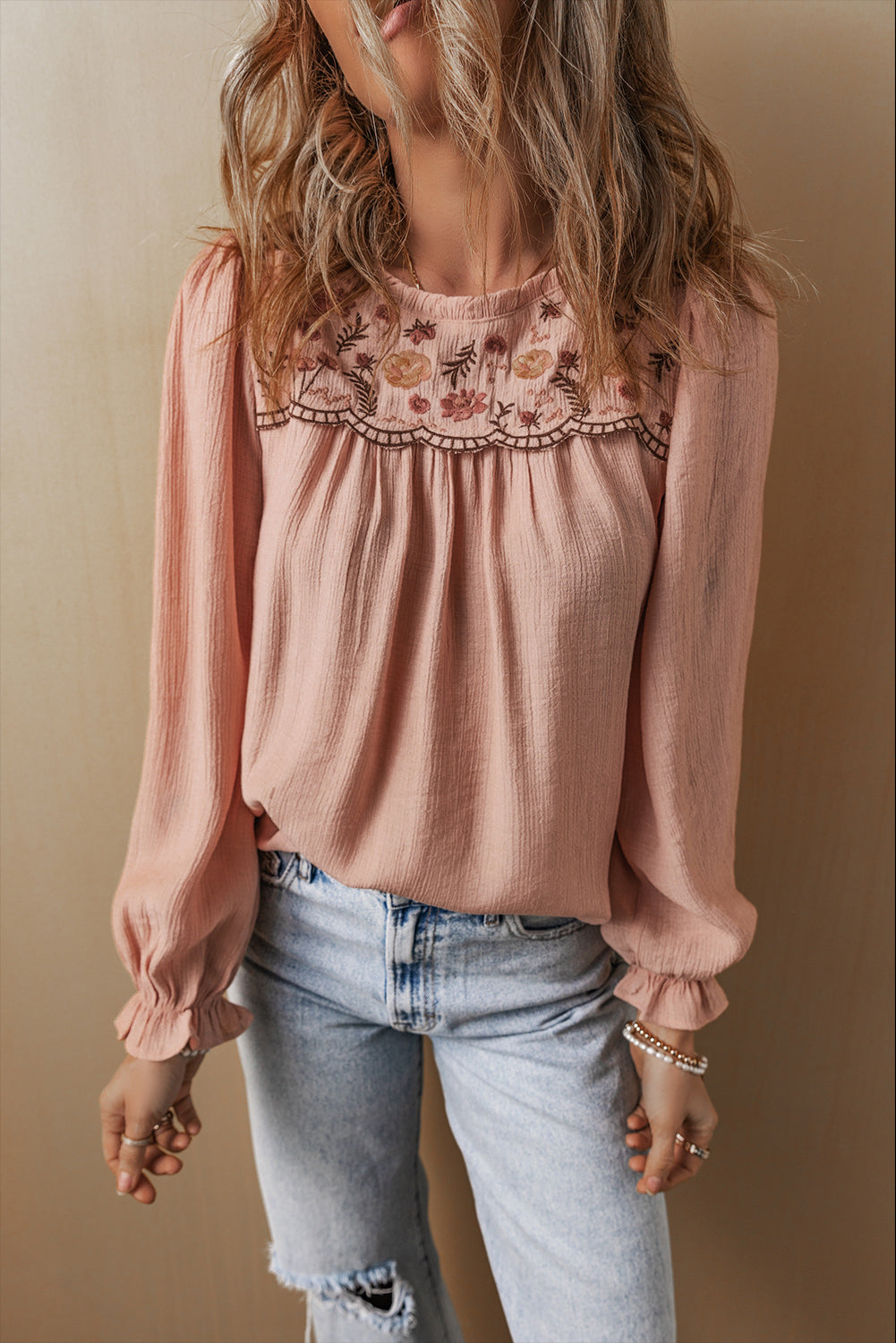 Gossamer Pink Floral Embroidered Crinkle Blouse - The Fair Lady Shop