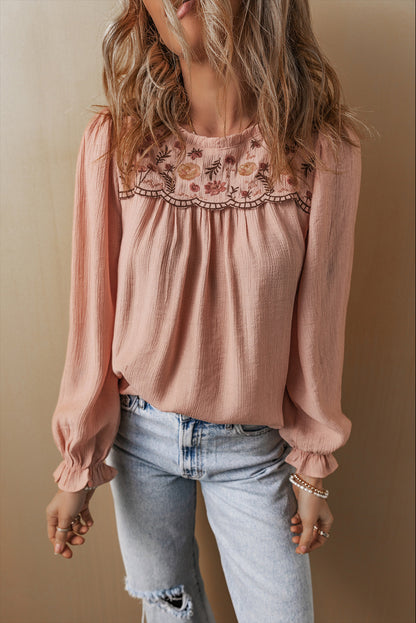 Gossamer Pink Floral Embroidered Crinkle Blouse - The Fair Lady Shop