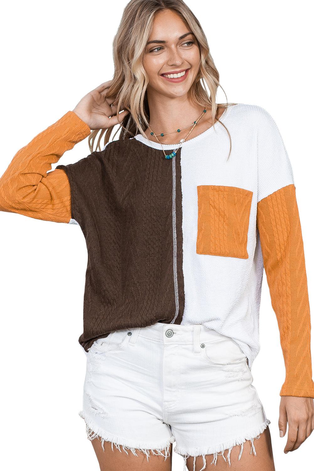 Brown Color Block Textured Chest Pocket Long Sleeve Top - The Fair Lady Shop