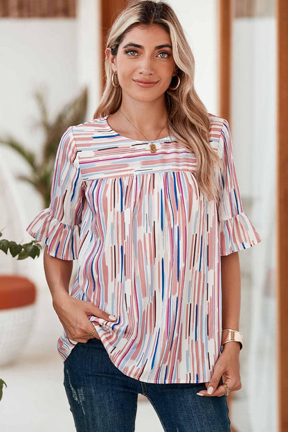 White Abstract Print Ruffle Half Sleeve Blouse - The Fair Lady Shop