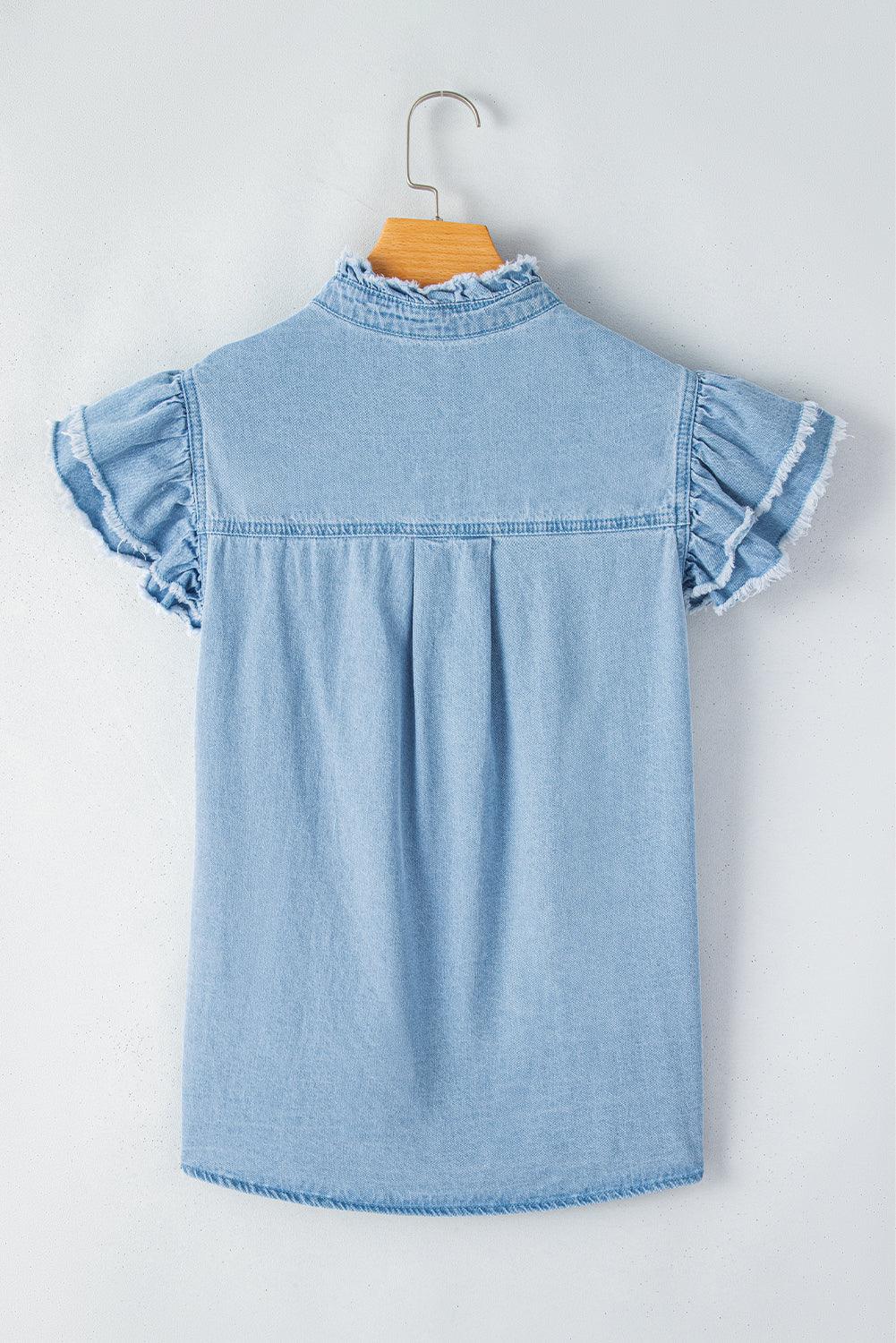 Ashleigh Blue Button Front Ruffled Flutter Frayed Denim Top - The Fair Lady Shop