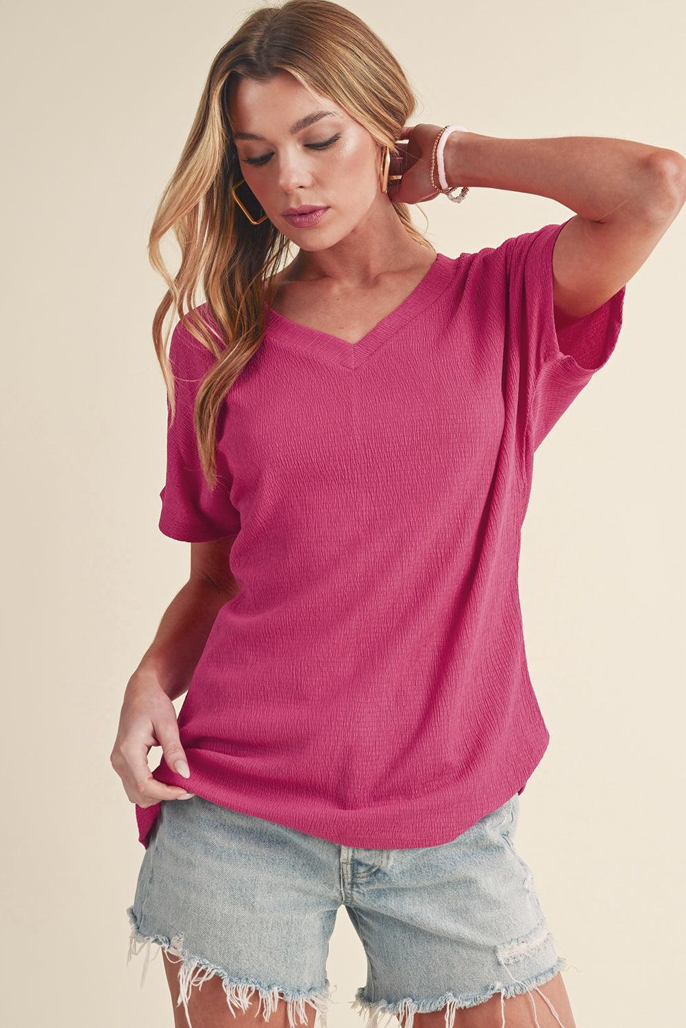 Blue Plain Crinkled V Neck Flounce Sleeve T Shirt - The Fair Lady Shop