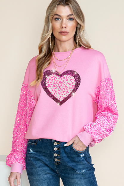 Pink Leopard Heart Graphic Sequin Patchwork Long Sleeve Valentines Top - The Fair Lady Shop